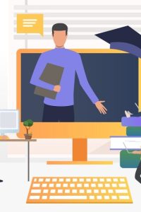 People using computers and studying at online school. Service, literature, study concept. Vector illustration can be used for topics like knowledge, education, online school